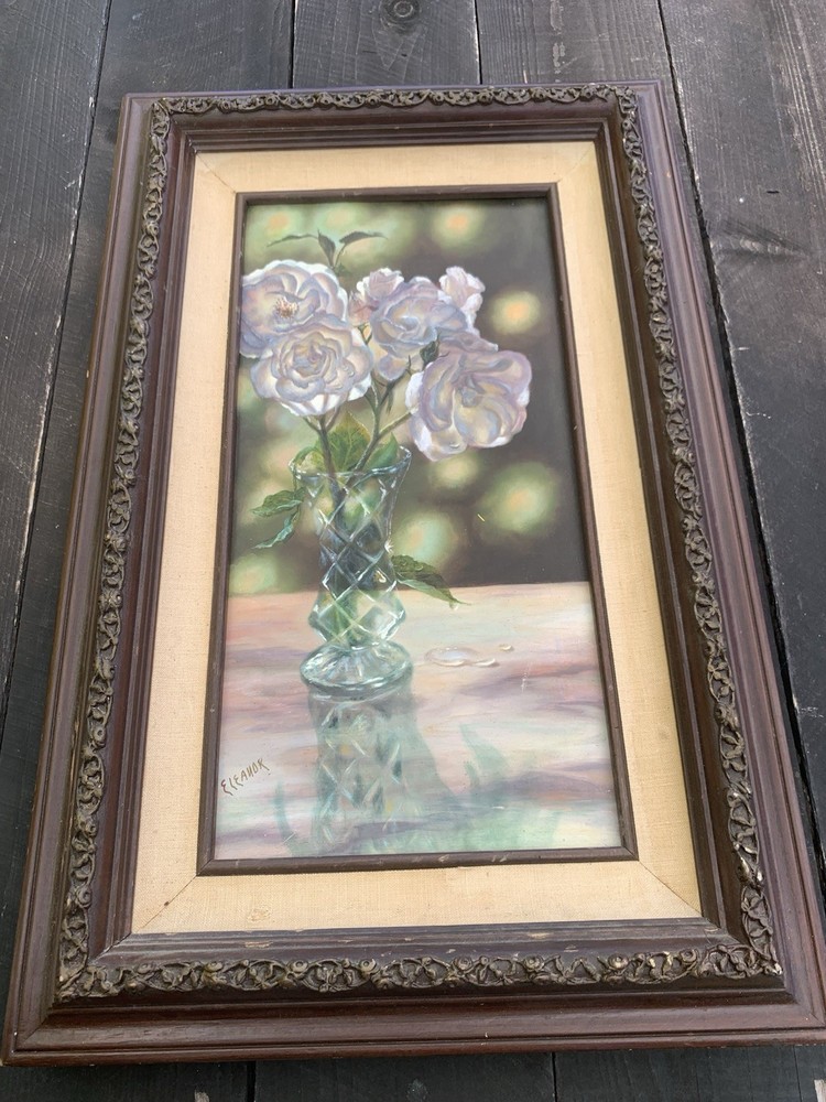 Vtg Original Oil Painting White Roses Still Life Floral Framed Signed