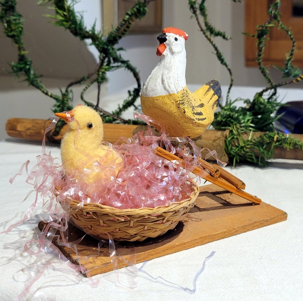 Chicken on Wooden Ladder, above Woven Nest. 1920s German Candy ContaIner. Easter