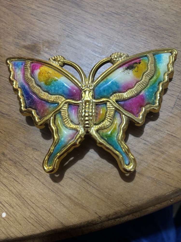 VTG Butterfly Hair Clip Gold Tone Multicolor Enamel Resin Large Statement Taiwan