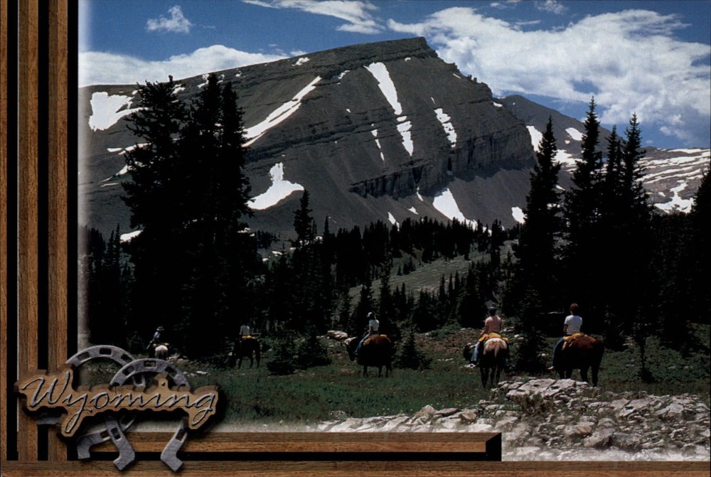 Triangle Peak Wyoming Gros Ventre Range snow horses riders vintage postcard