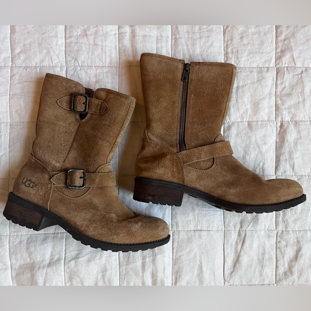 UGG Chaney Camel Suede Buckle Strap Zip Up Boots Cottagecore Prairie - US 8