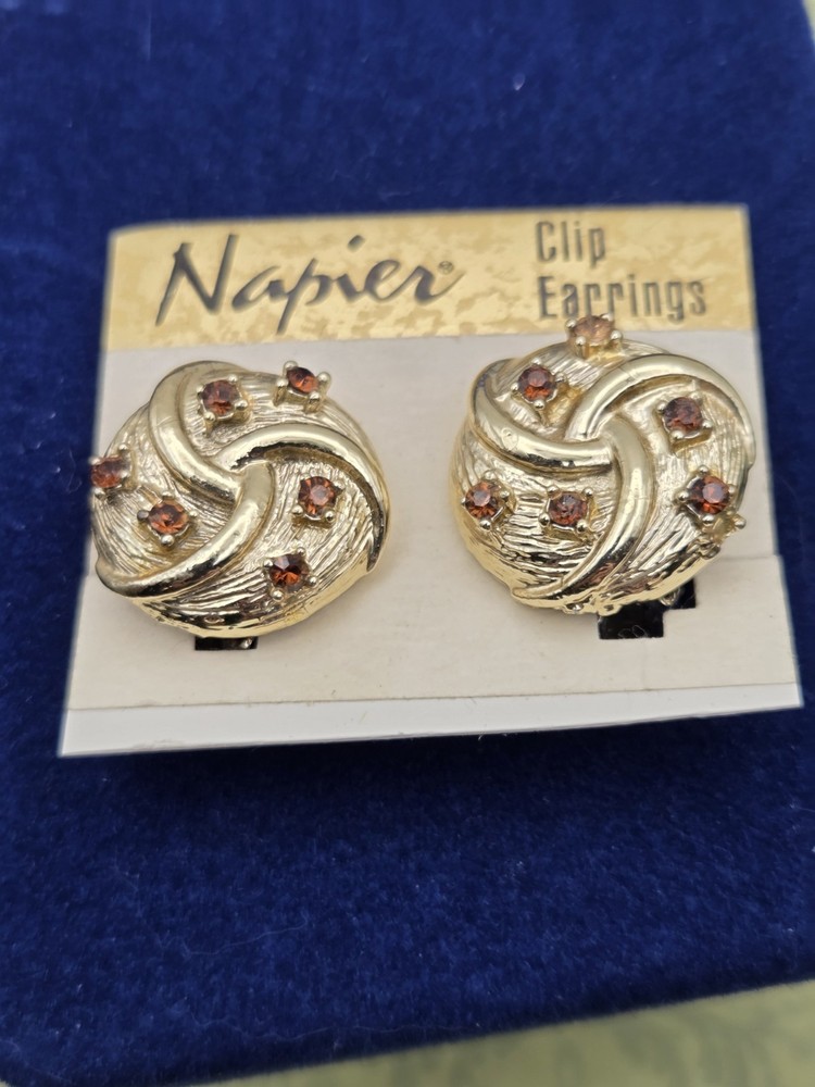 Vintage Topaz Rhinestone Earrings Signed Napier Clip On Gold Tone NOS Round