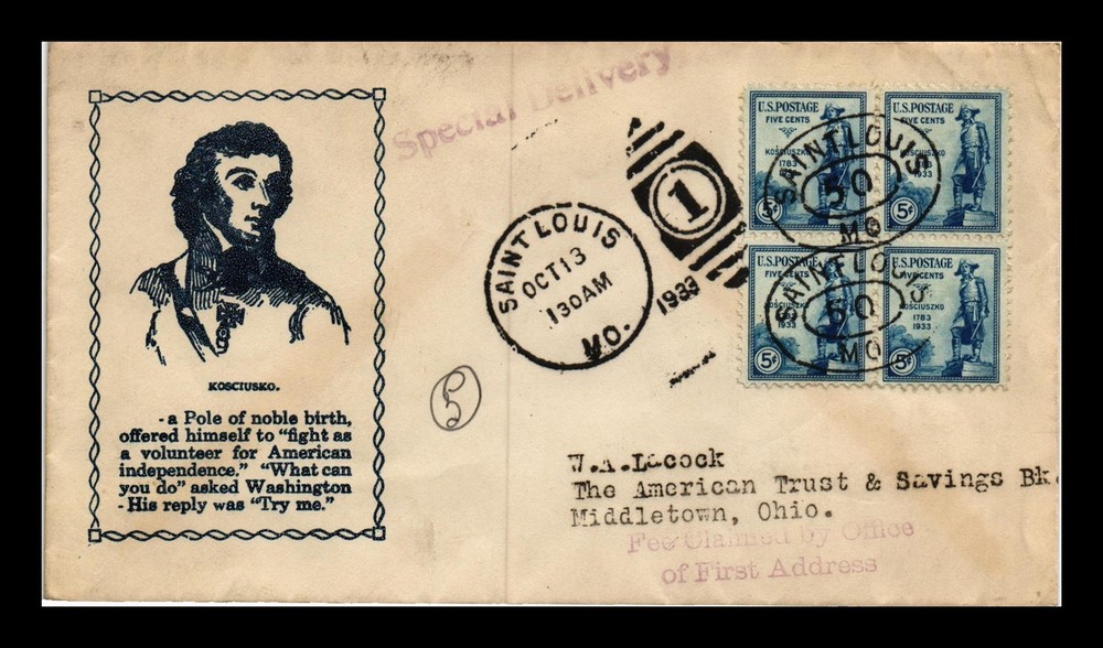 Dr Jim Stamps Us Cover General Kosciuszko Fdc Scott 734 Block Of 4