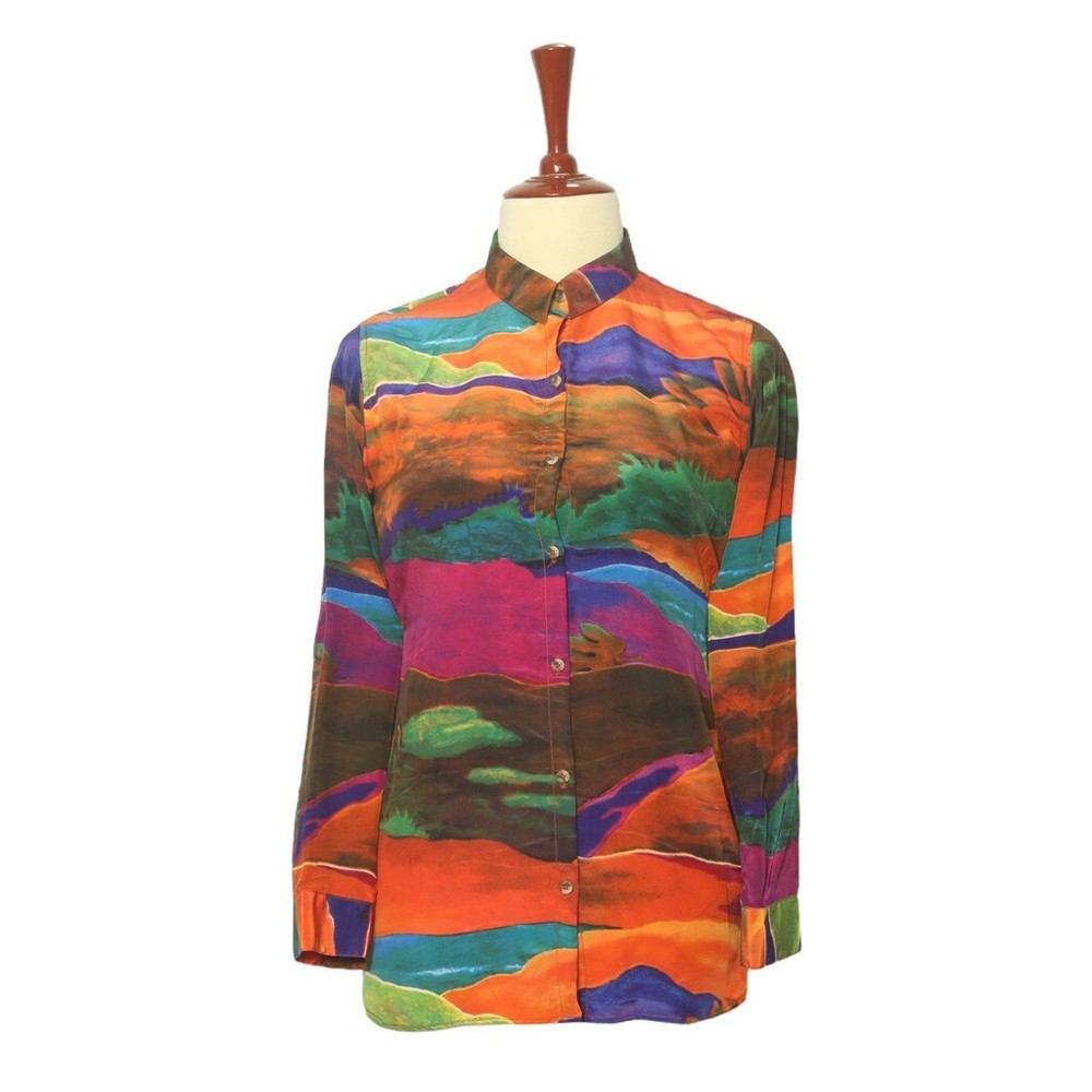 Womens Silky Shirt Button Up Multicolor Abstract Graphic Casual Party Tunic M-image