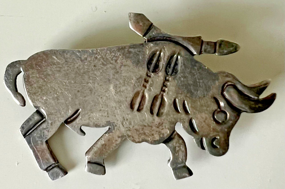 Vintage Brooch JHP and 925 Stamped Sterling Silver Aztec Revival MCM Bull 4g