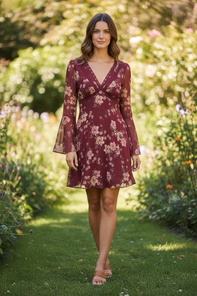 Oak & Trellis Burgundy Mini Dress, Lace Trim, Size S, Romantic, Cottagecore NWT
