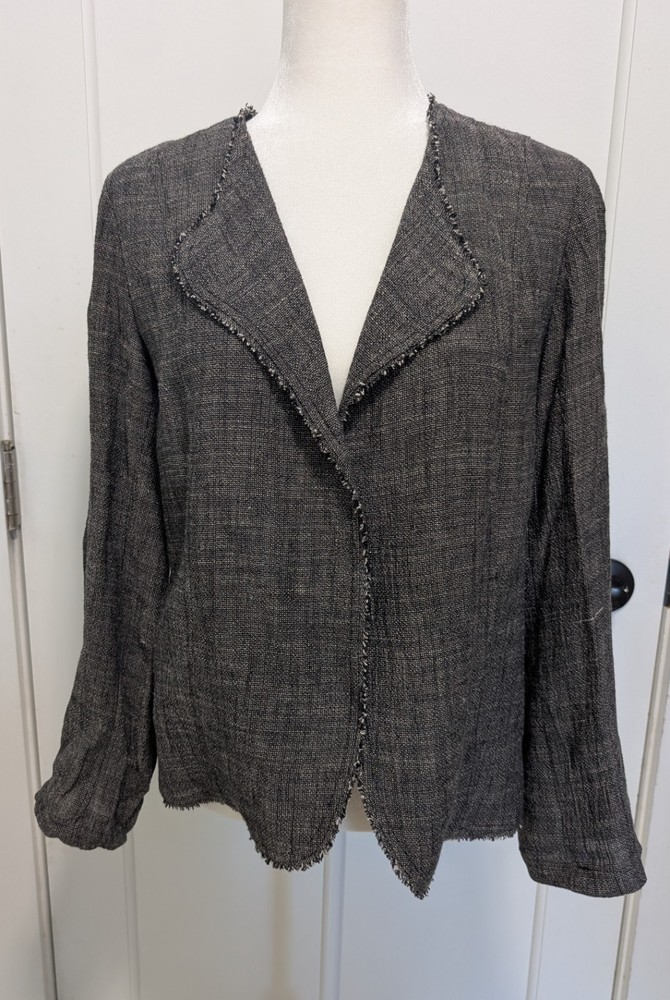 Eileen Fisher Womens Linen Blend Open Blazer Size S Black White Tweed Raw Hem