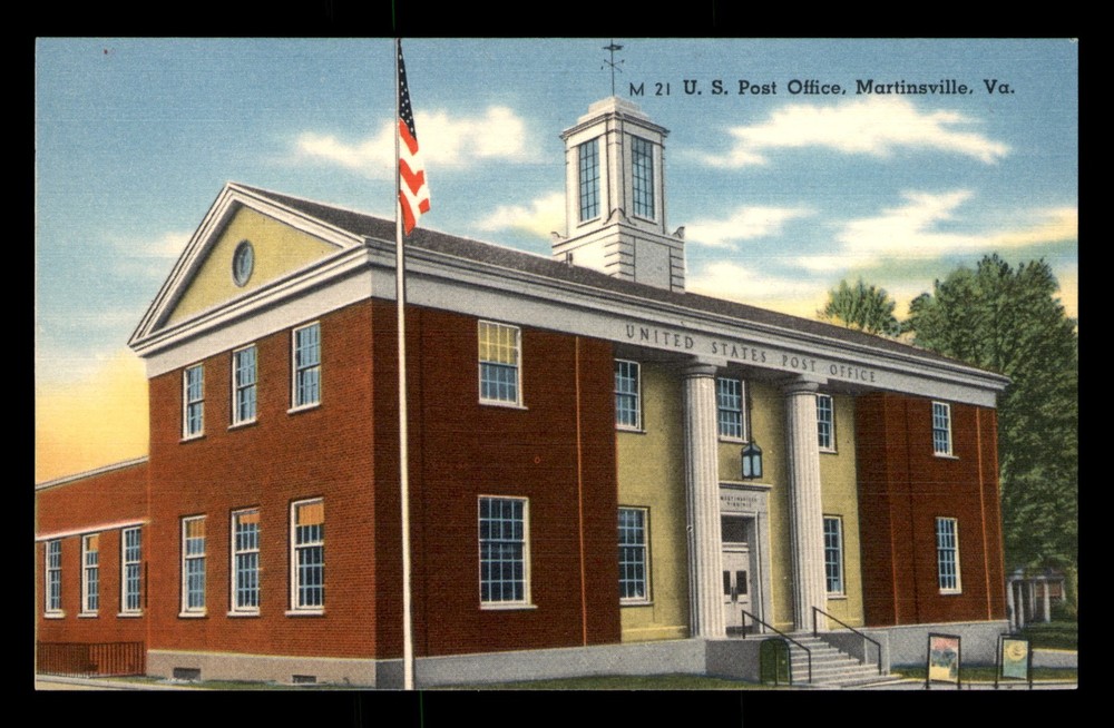 U.S. Post Office Martinsville Virginia VA Building Linen Postcard Unp