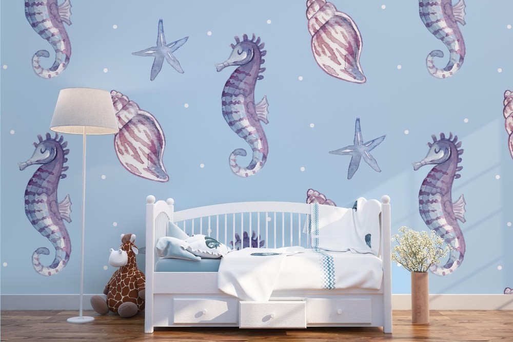 3D Seahorse Seashell Starfish Pattern Wall Murals Wallpaper Murals Wall Sticker