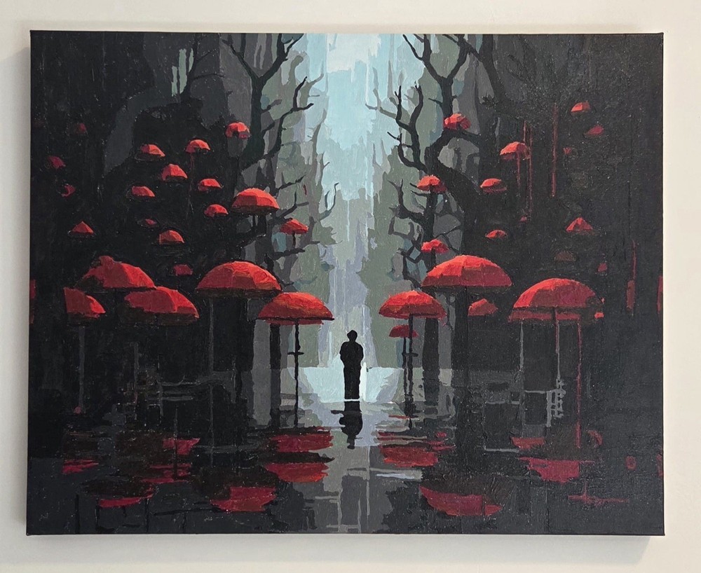 Finished Paint-By-Numbers Art, Figure in Forest w/ Red Umbrellas. 20 x 16 Canvas