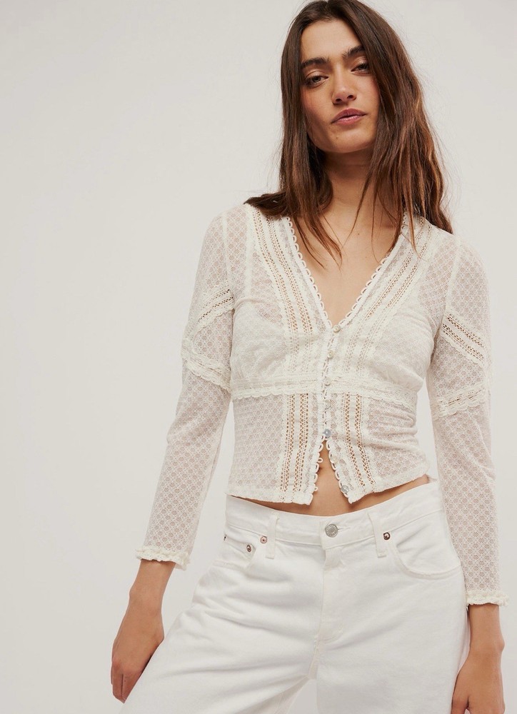 Free People Kika Top Ivory Lace Button Front Fitted Cropped V Neck Boho Medium