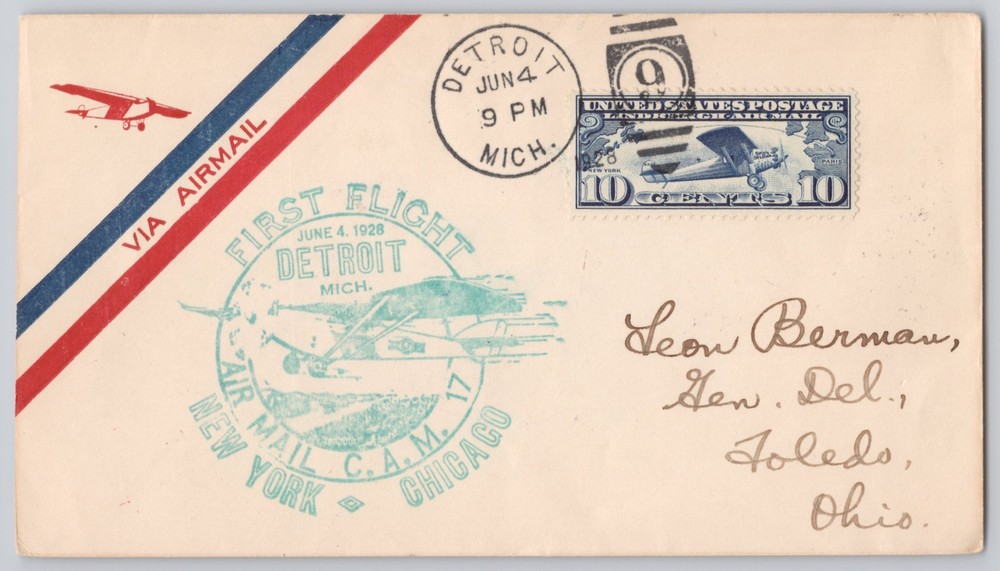 Detroit, Michigan — CAM-17 First Flight to Toledo, Ohio, — 1928 — Postal History