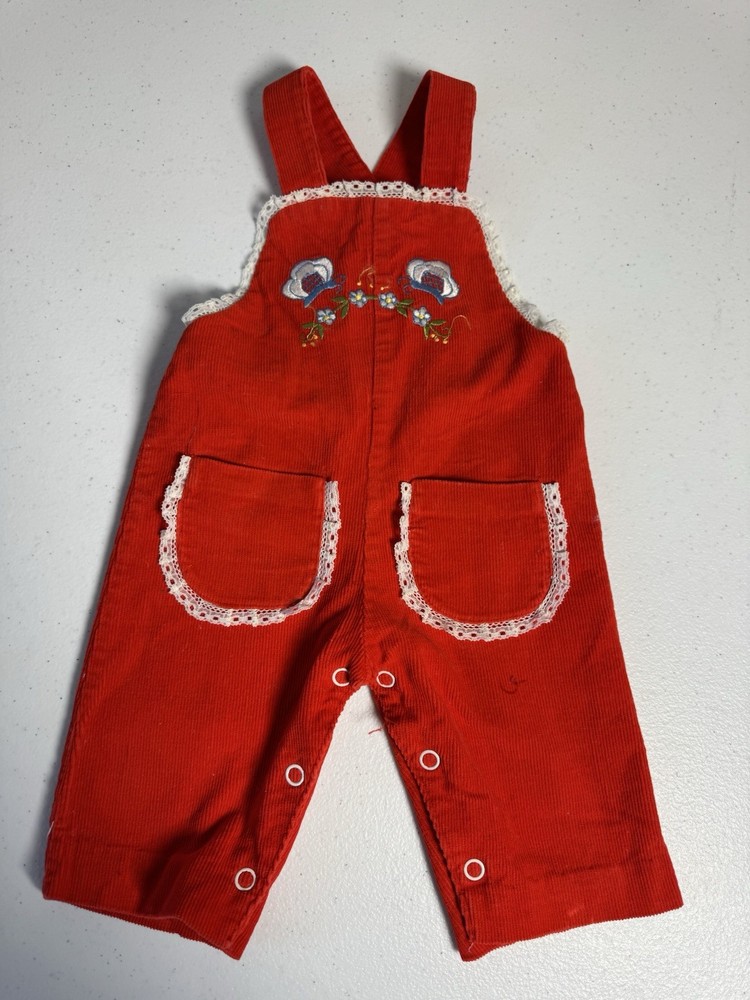 Infant Red Corduroy Overalls W/lace & Embroidery 0-3 Months Vintage EUC
