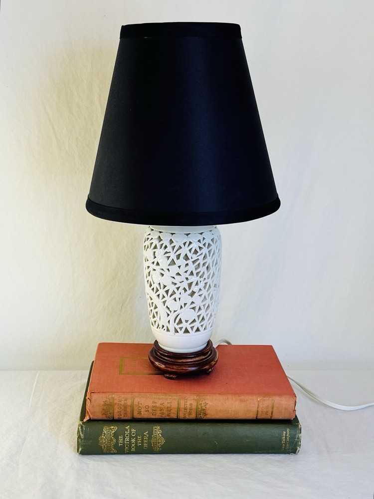 Vintage Small Ceramic Lamp Chinoiserie with Black Shade and Wood Base
