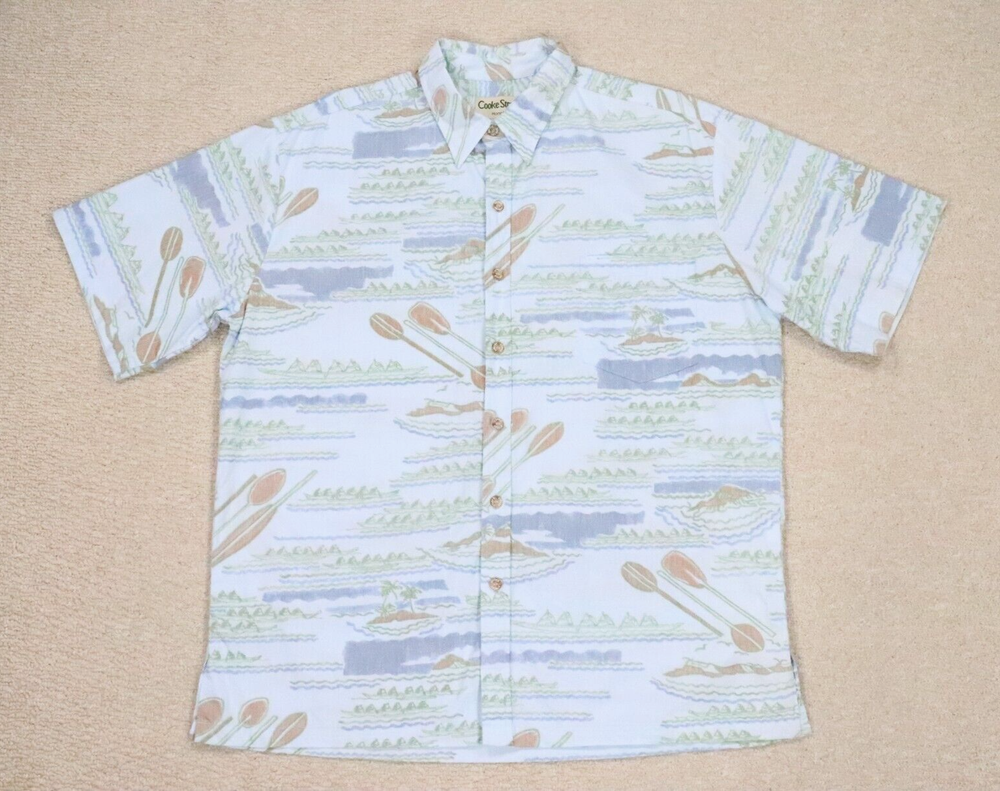 Cooke Street Hawaiian Shirt Large Made in Hawaii with Honolulu Paddle Boat Wa'a Design