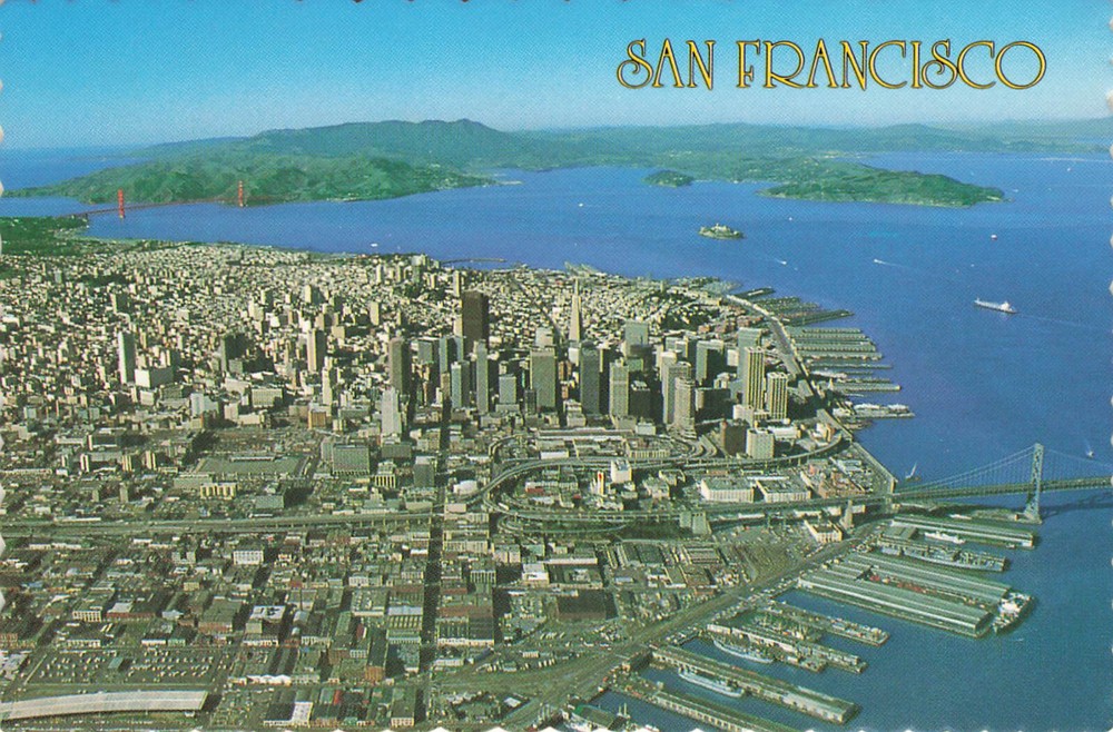 AERIAL VIEW OF CITY & GOLDEN GATE BRIDGE POSTCARD SAN FRANCISCO CALIFORNIA 1980s