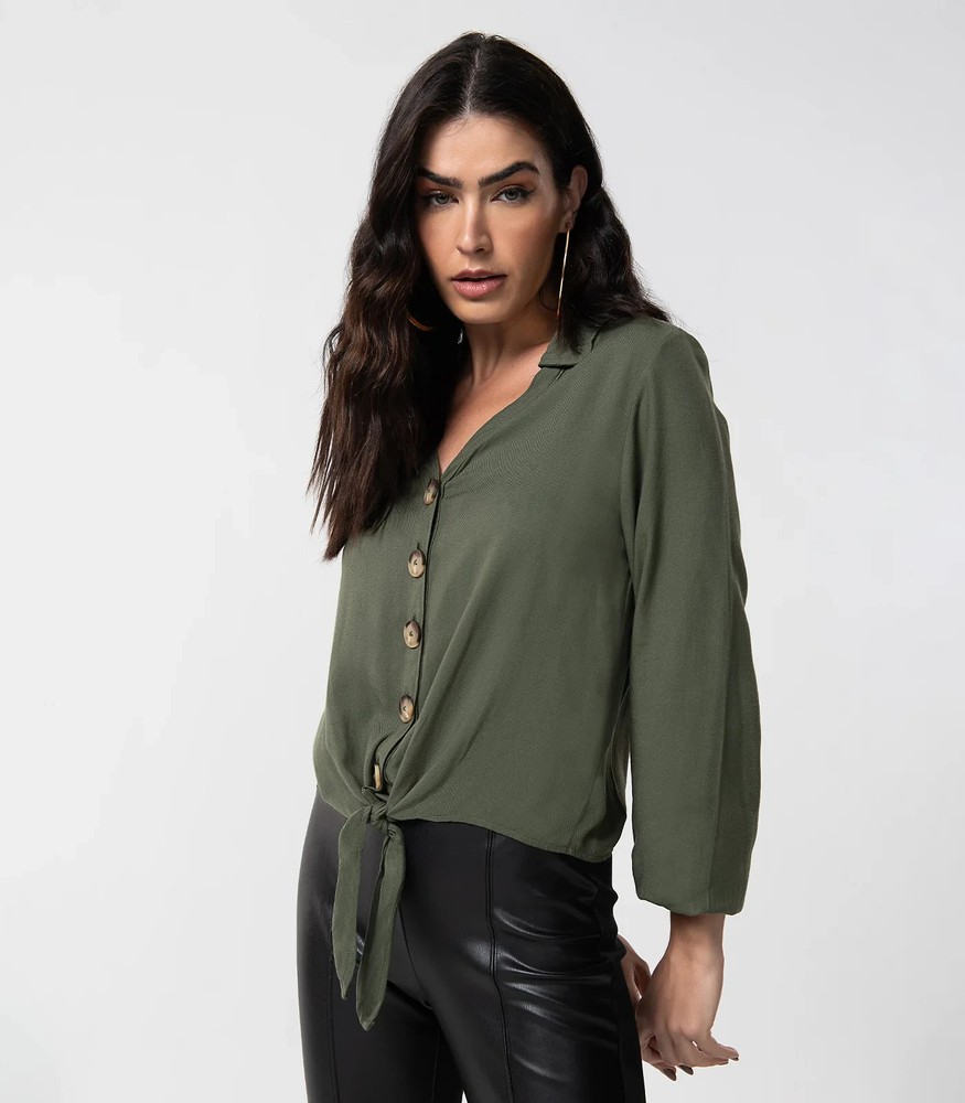 GG Brazil Women’s Olive Green Button Down Tie Front Blouse Long Sleeve Size L