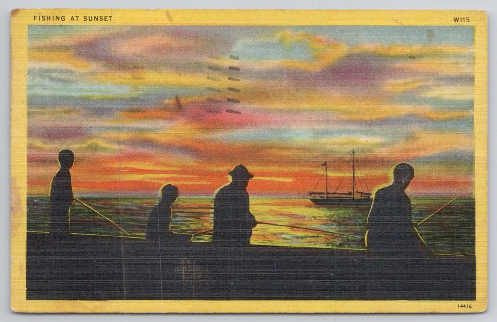 Vintage 1949 Ocean City NJ Fishing at Sunset Linen Postcard Tichnor Bros.