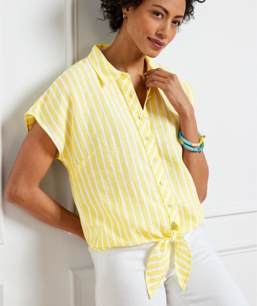 Talbots Size L Petite Blouse 100% Linen Front Tie Waist Yellow Striped Coastal