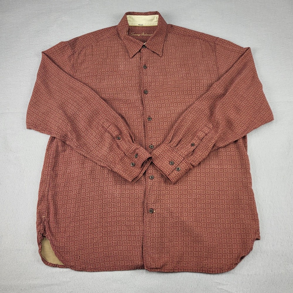 Tommy Bahama Shirt Mens Large Red Silk Geometric Long Sleeve Button Up