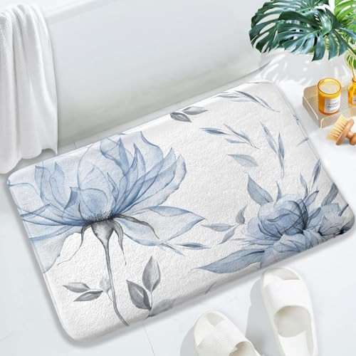 Soft Blue Grey Watercolor Floral Bath Mat with Minimalist Leaf Design