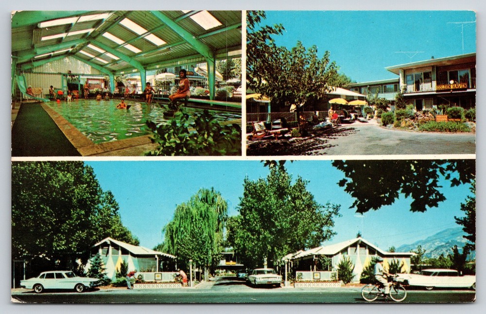Roadside~Calistoga CA~Giusto Golden Haven Motel~Hot Springs~Bike~1950s Postcard