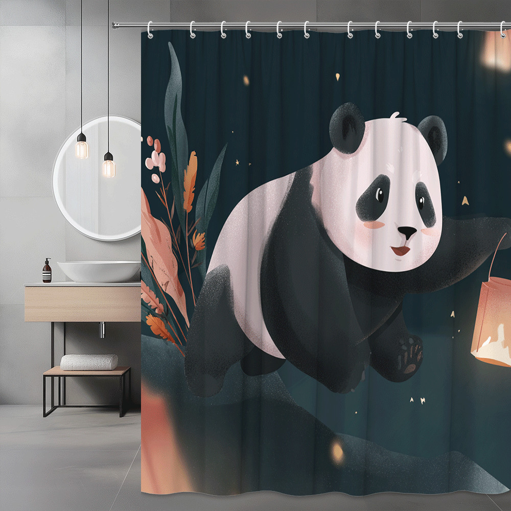 Panda Shower Curtain Cute Cartoon Animal Lantern Print
