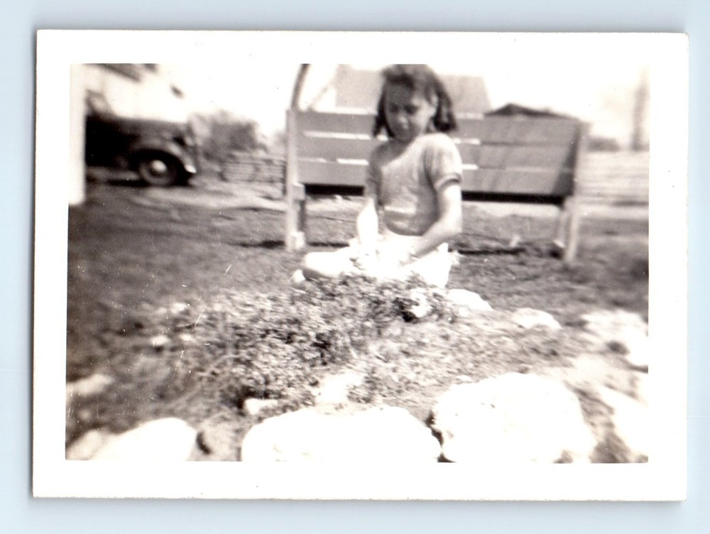 Old Vintage Photo SOLO GIRL SITTING ON GRASS LAWN ANTIQUE SNAPSHOT