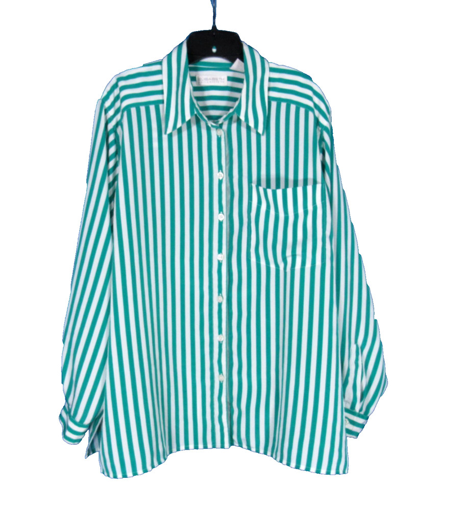 VTG ELISABETH LIZ CLAIBORNE Green Stripes SATIN Pocket BUTTON-UP Blouse/Top 18