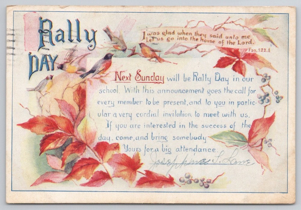 1913 Rally Day Postcard Birds & Autumn Leaves Goodenough & Woglom Co. NY