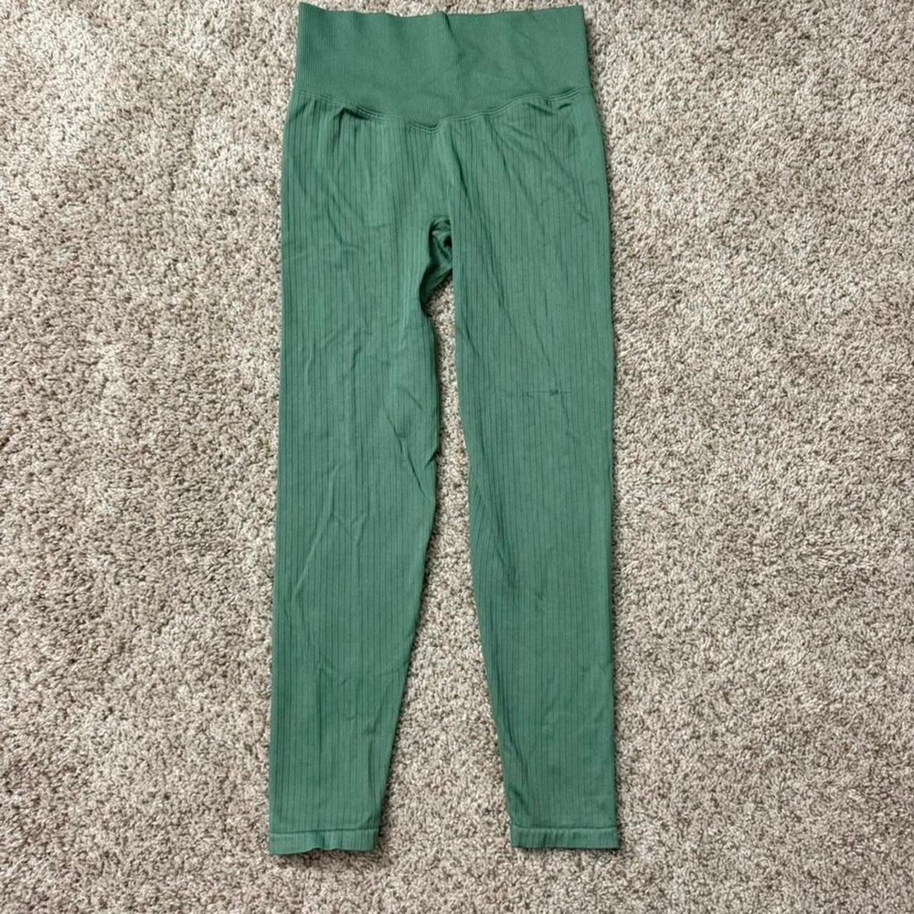 PINK Active Green Ribbed Leggings Size Small High Waisted Athletic Pants