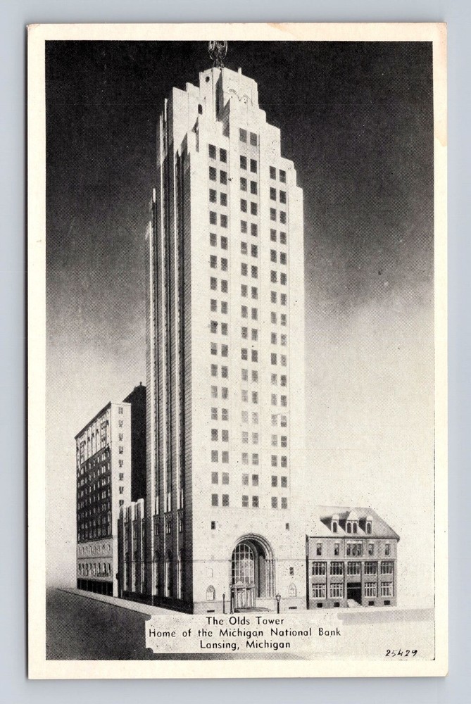 Lansing MI- Michigan, The Olds Tower, National Bank, Antique, Vintage Postcard