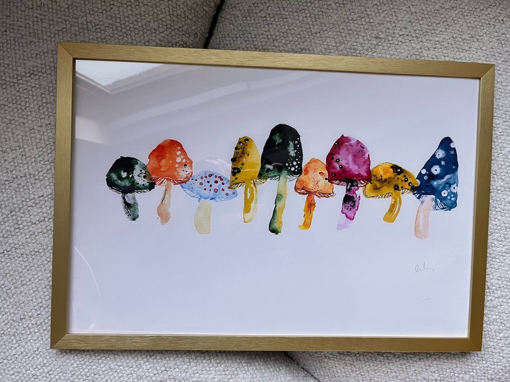 Colorful Abstract Mushroom Painting – Modern Framed Art Print with Gold Frame-image