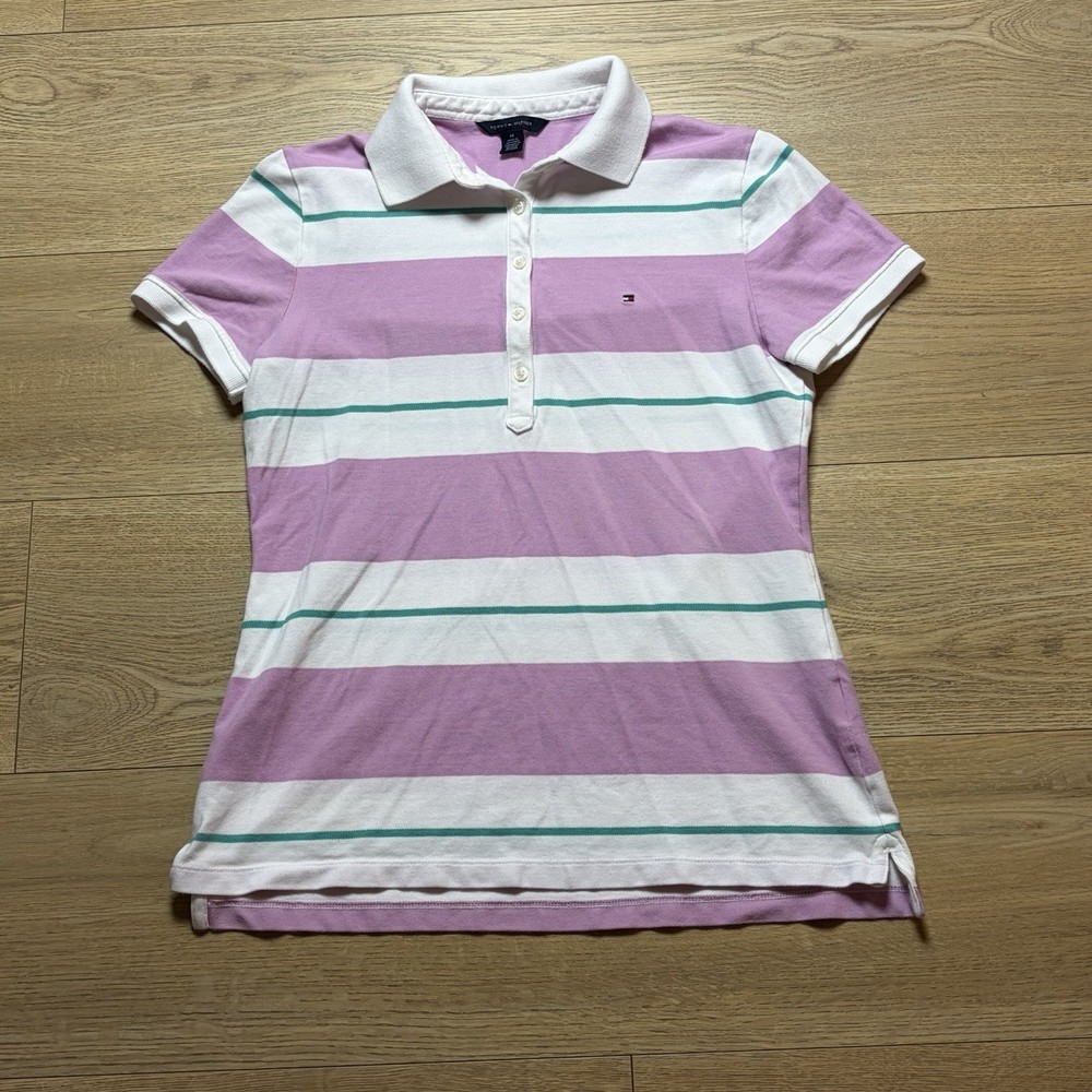 Tommy Hilfiger Short Sleeve Striped Split Neck  Polo Y2K Preppy Womens Sz M