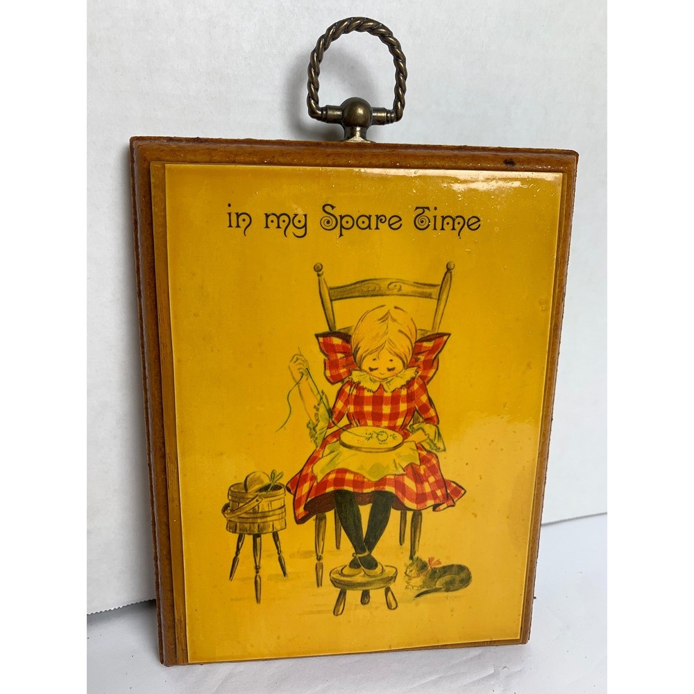Vintage In My Spare Time Girl Embroidery Wood Wall Plaque Kitsch Cottagecore