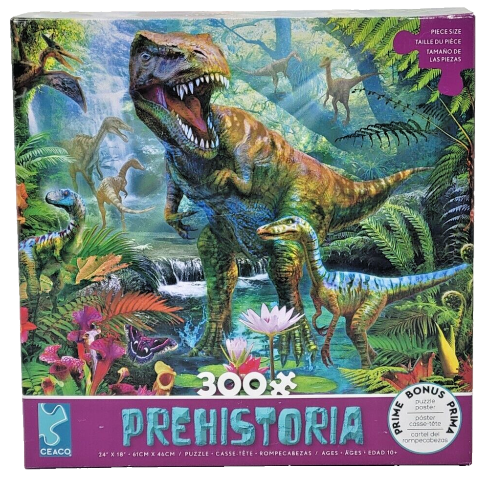 Ceaco Prehistoria 300 Large Piece Jigsaw Puzzle T-Rex Velociraptor Dinosaur
