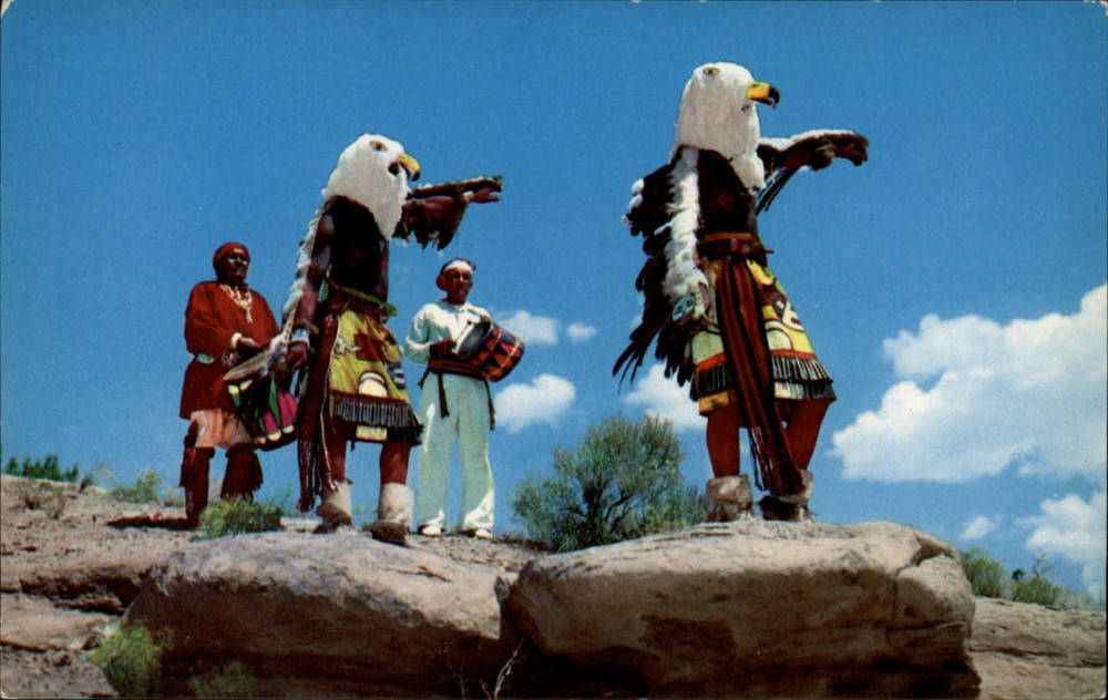 New Mexico Native Eagle Dancers full regalia pray to Gods vintage postcard