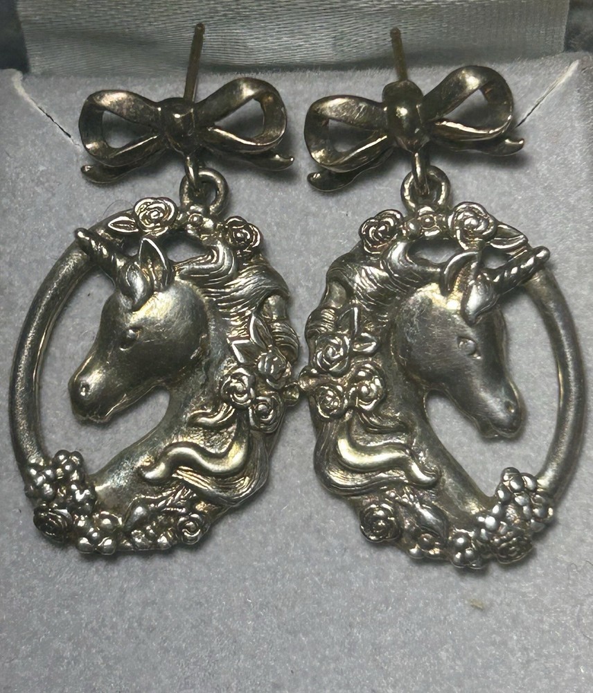 Vintage 70’s Gorham Sterling Silver 14K Gold Unicorn Ribbon Bow Dangle Earrings