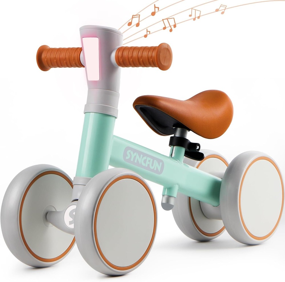 LED Balance Bike for Toddlers 1-2 Years with Lights Music & 4 Stable Wheels in Green