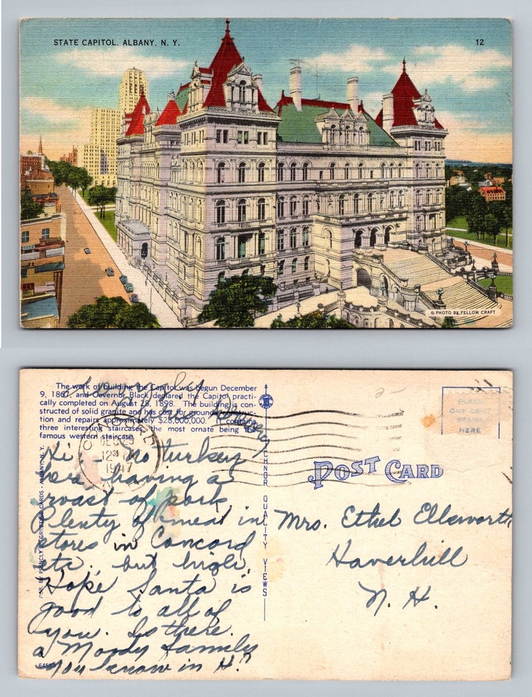Albany, NY-New York, Bird's Eye State Capitol Building Vintage c1947 Postcard