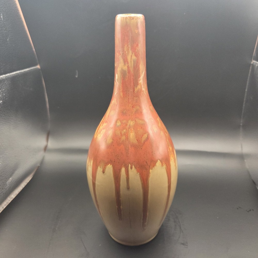 Vintage MCM Drip Glaze Pottery Vase Orange & Tan Teardrop Bottle 10