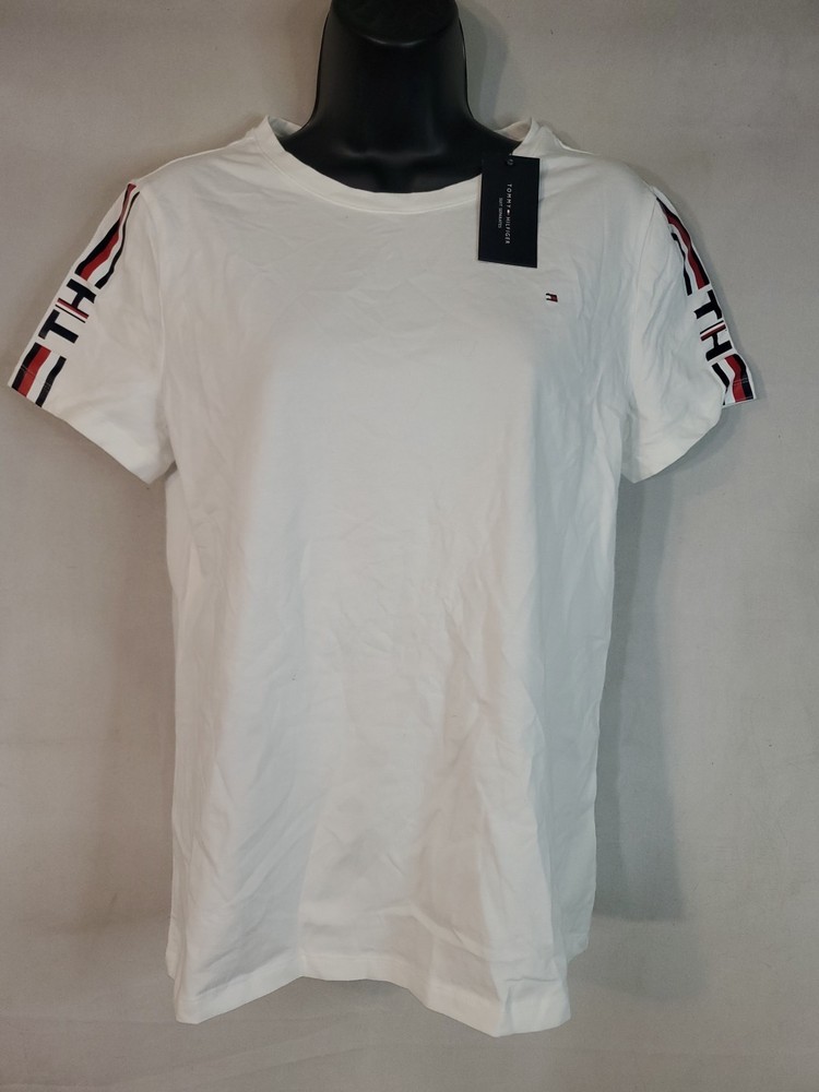 Tommy Hilfiger Red White Blue Cotton Crew Neck Logo T-Shirt Women's Size Medium