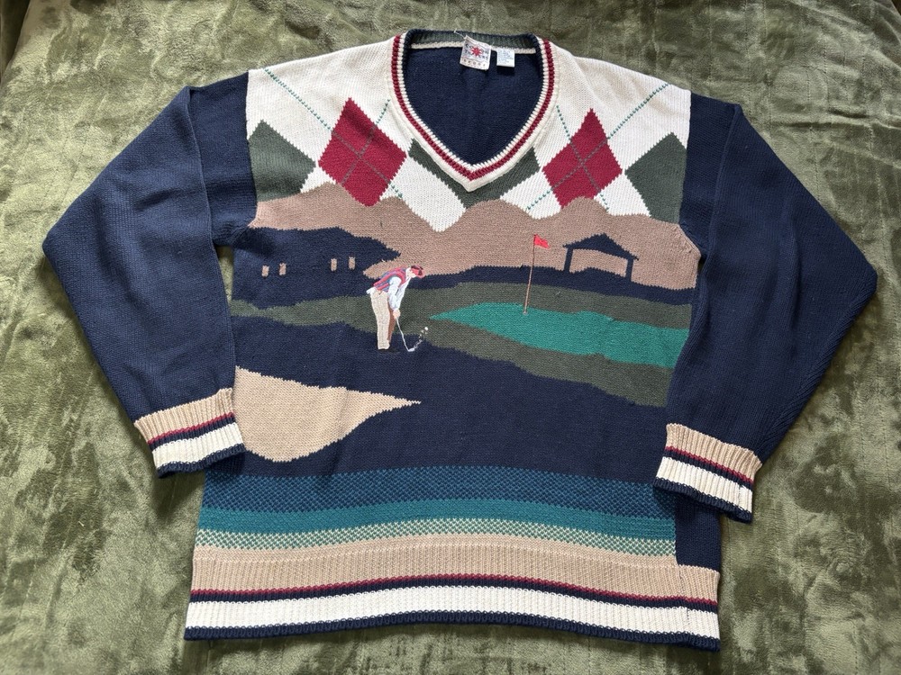 Cotton Traders Sweater Mens XL Tall Golf AOP Argyle Tennis V Neck Vintage 90s