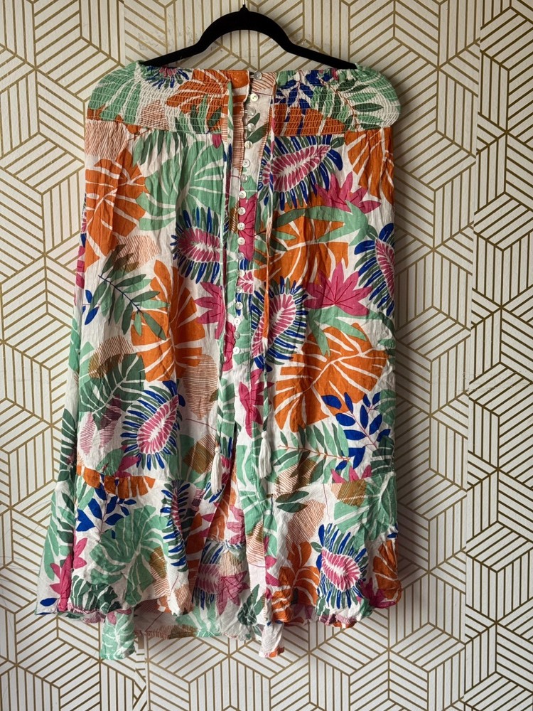 Boho Tropical Summer Pink Floral Nicole Miller Button Front Hi Lo Midi S Skirt
