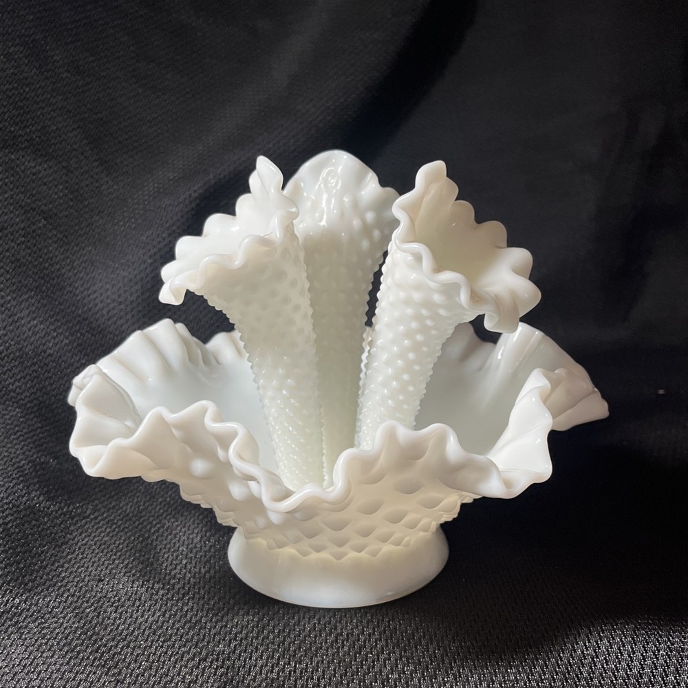 Vintage 3 Horned Vase Fenton Hobnail Milk Glass Epergne Ruffled Bowl - Z2