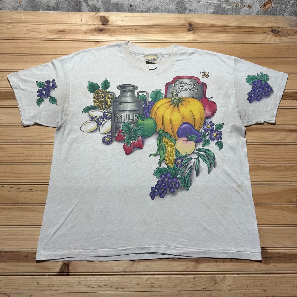 Vintage 90s Friendly Farms Fruits Milk Vegetables Single Stitch T-Shirt USA - XL