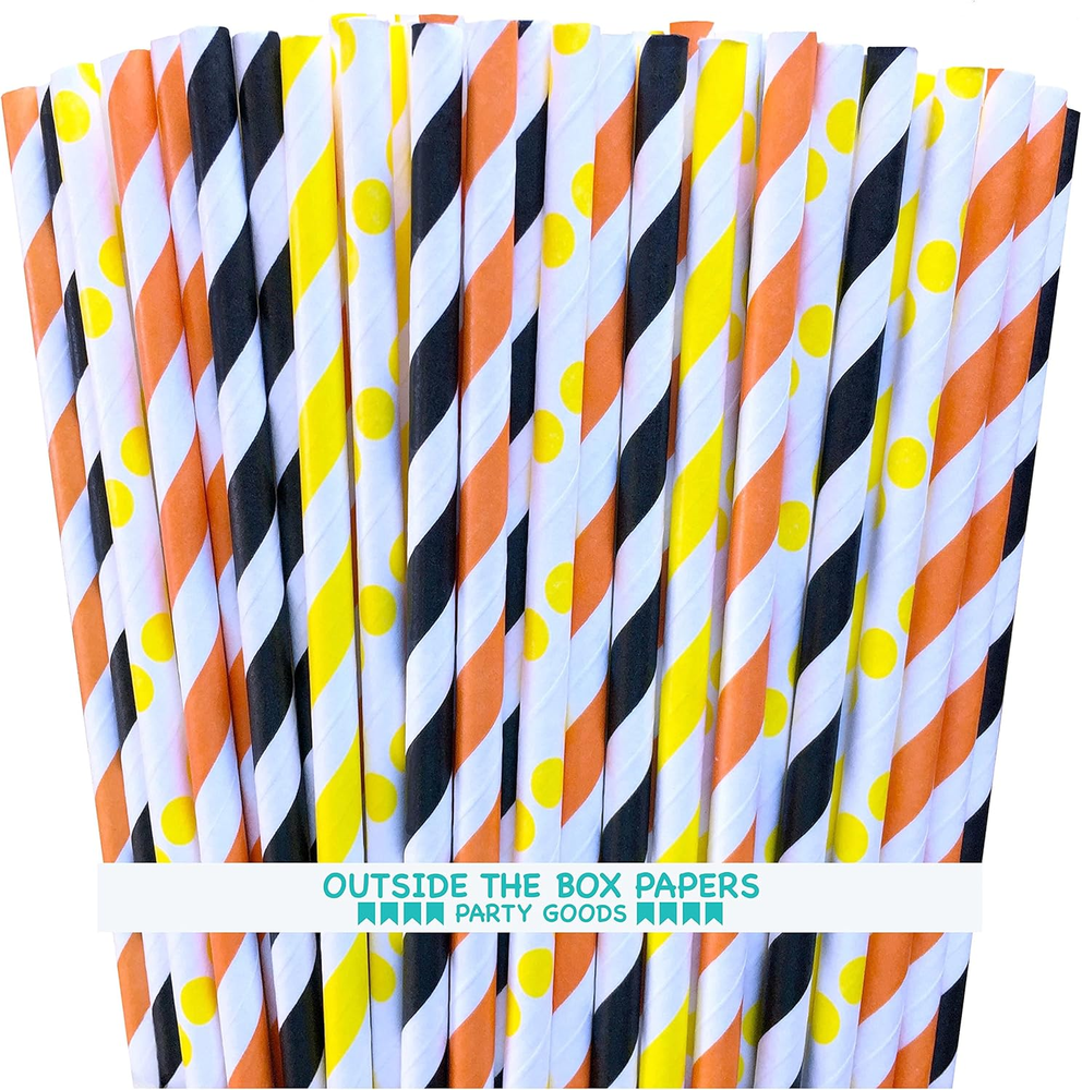 Construction Theme Striped and Polka Dot Paper Straws 7.75 Inches 100 Pack Black