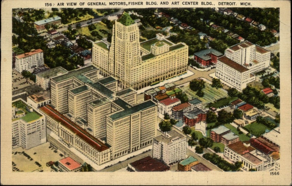 Michigan Detroit General Motors Fisher Bldg Art Center ~ 1945 linen sku549