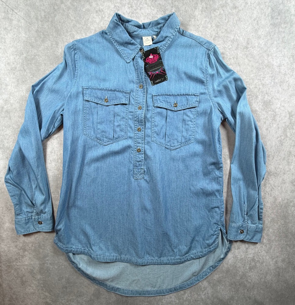 Paper Crane Womens Chambray Tencel Popover Pullover Long Sleeve Top S NWT