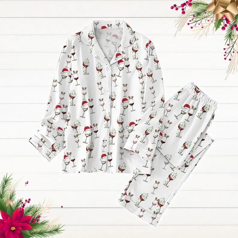 Unisex Christmas Wine Glass Pajama Set Holiday Print Long Sleeve Top & Pants